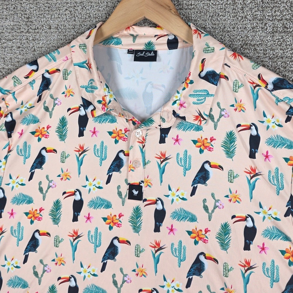 Bad Birdie Mens 3XL Toucan Tropical Polo Shirt Peach Pink Golf Performance Short